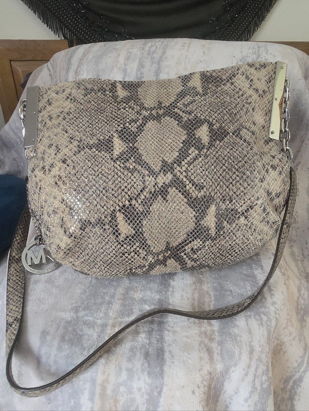 MICHAEL Michael Kors Snake-Print Shoulder Bag in Beige and Brown
